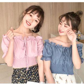 Frill Trim Off-shoulder Short-sleeve Chiffon Top