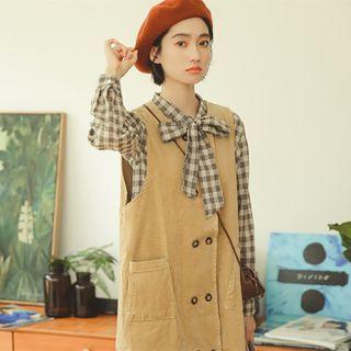 Ribbon Plaid Shirt / Double-breasted A-line Pinafore Dress