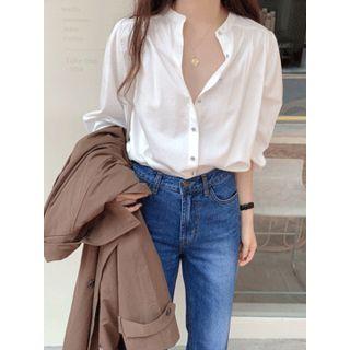 Mandarin-collar Shirred-trim Blouse