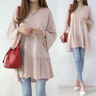 Wide-sleeve Ruffle-hem Long Top