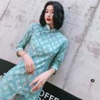 3/4-sleeve Printed Lace Trim Sheath Qipao Dress