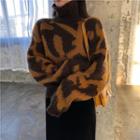 Leopard Turtle-neck Loose-fit Sweater As Figure - One Size