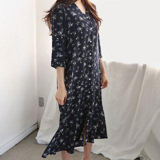 V-neck Buttoned Floral Long Dress