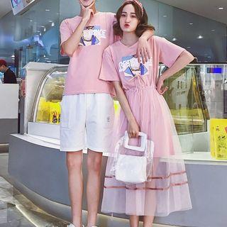 Couple Matching Mesh Panel Short-sleeve T-shirt Dress / Printed Short-sleeve T-shirt / Applique Shorts