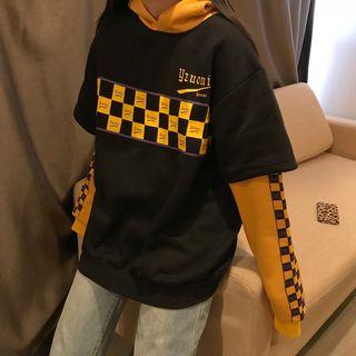 Couple Matching Mock Two-piece Lettering Plaid Panel Hoodie