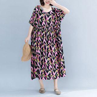 Short-sleeve Floral Print Midi A-line Dress Black - One Size