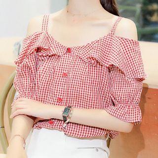 Cold-shoulder Ruffled Plaid Blouse