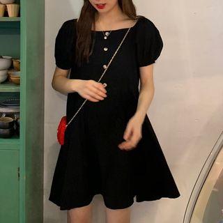 Puff-sleeve Short-sleeve Dress Black - One Size
