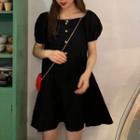 Puff-sleeve Short-sleeve Dress Black - One Size