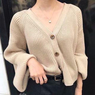 Flared-sleeve V-neck Cardigan Almond - One Size