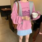 Printed Oversize Pullover Purplish Pink - One Size
