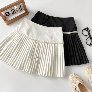 Faux Pearl Trim Pleated Mini A-line Skirt