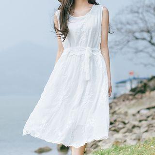 Embroidered Sleeveless Midi Mesh A-line Dress