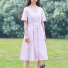 Buttoned V-neck Short-sleeve A-line Dress