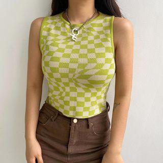 Sleeveless Checkered Knit Top