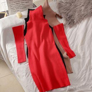 Set: Turtleneck Knit Mini Sheath Dress + Oversleeves