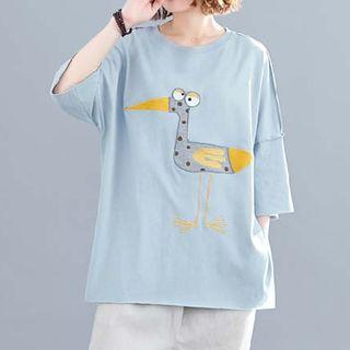 Bird Embroidered Elbow-sleeve T-shirt Light Blue - One Size