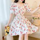 Short-sleeve Gather Waist Cherry Print A-line Dress