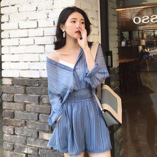 Set: Sheer Hooded Top + Striped Shorts