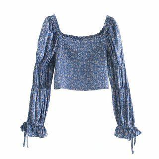 Floral Ruffle-trim Long-sleeve Crop Top