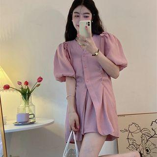 Short-sleeve V-neck Tunic Shirt / Wide Leg Shorts