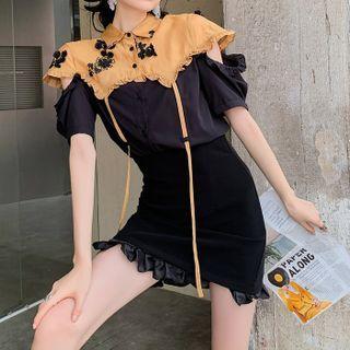 Short-sleeve Embroidered Two Tone Cutout Blouse