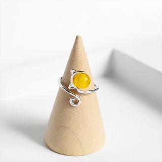 925 Sterling Silver Cat Bead Ring Yellow & Silver - One Size