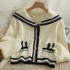 Contrasted Sailor-collar Cable-knit Loose Cardigan Almond - One Size