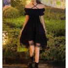 Plain Off-shoulder Dress Black - One Size