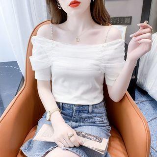Short-sleeve Cold-shoulder Mesh Panel Top