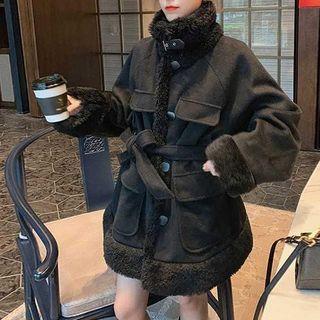 Fleece Panel Woolen Coat With Sash