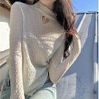 Long-sleeve Turtleneck Plain Ruffle Trim Heart Perforated Slim Fit Top White - One Size