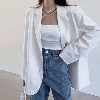 Loose-fit Suit / White Suspender / Slit Wide-leg Denim Pants