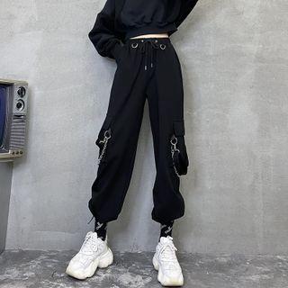 Plain Elastic Waist Cargo Pants With Chain