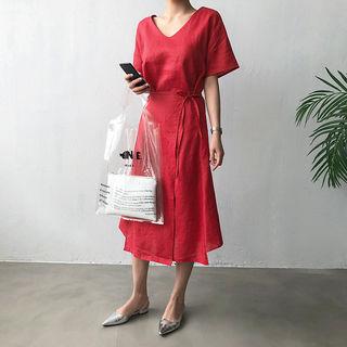 V-neck Linen Midi Wrap Dress