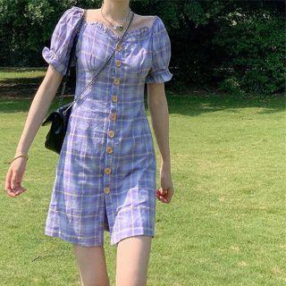 Puff-sleeve Frill Trim Single Breasted Plaid Dress / Long-sleeve Cropped Knit Cardigan