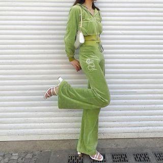 Set: Velvet Zip-up Hoodie + High Waist Faux Crystal Graphic Pants