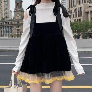 Long-sleeve Cold-shoulder T-shirt / Mesh Panel Mini Overall Dress