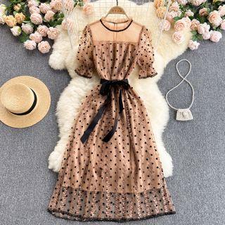Sheer Dots Mesh Puff-sleeve Dress