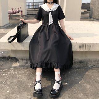 Short-sleeve Sailor Collar Frill Trim Midi A-line Dress