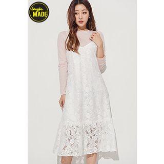 Spaghetti Strap Ruffle-hem Lace Dress