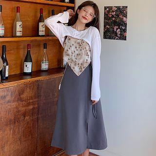 Asymmetrical Argyle Camisole Top / Long-sleeve Button-up Shrug / Side-slit Midi Skirt