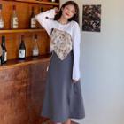 Asymmetrical Argyle Camisole Top / Long-sleeve Button-up Shrug / Side-slit Midi Skirt