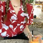 Elbow-sleeve Flower Print Shirt White Flowers - Red - One Size