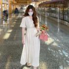 Short Sleeve V-neck Plain Midi A-line Dress