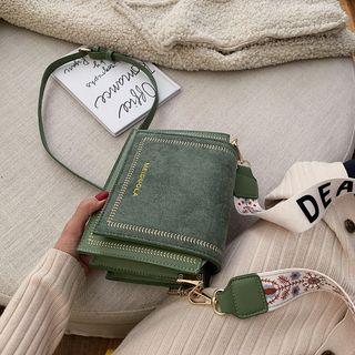 Faux Leather Embroidered Trim Crossbody Bag