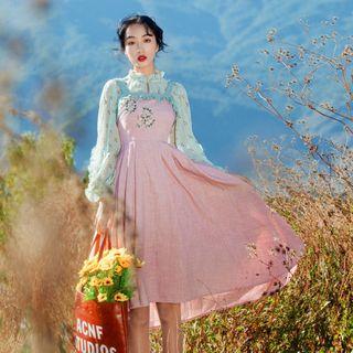 Floral Print Blouse / Wide-strap Embroidered A-line Dress