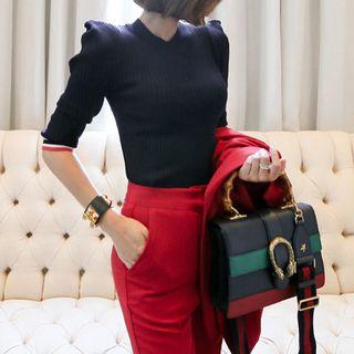 3/4-sleeve Knit Pullover Dark Blue - One Size