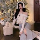 Cold-shoulder Fluffy Trim Lace Up Sweater / Ruffle Hem Midi Pencil Skirt
