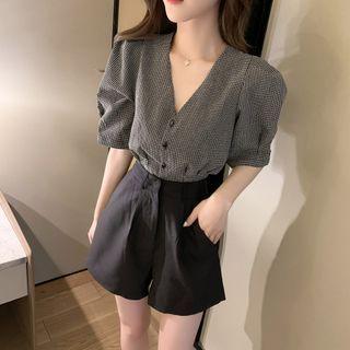 Set: Elbow-sleeve Button-up Blouse + High-waist Shorts